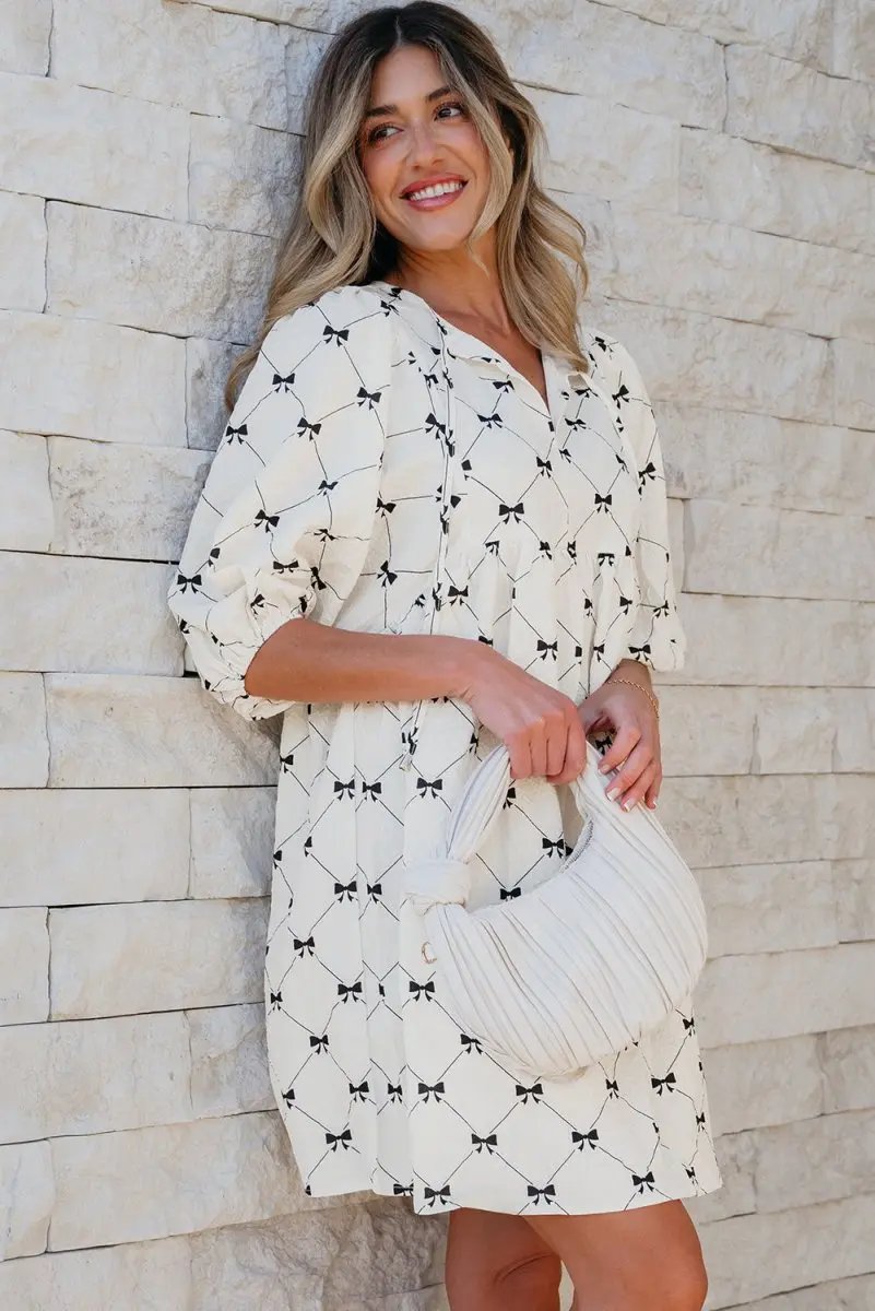 White Bowtie Pattern Textured Puff Half Sleeve Mini Dress - Love Salve